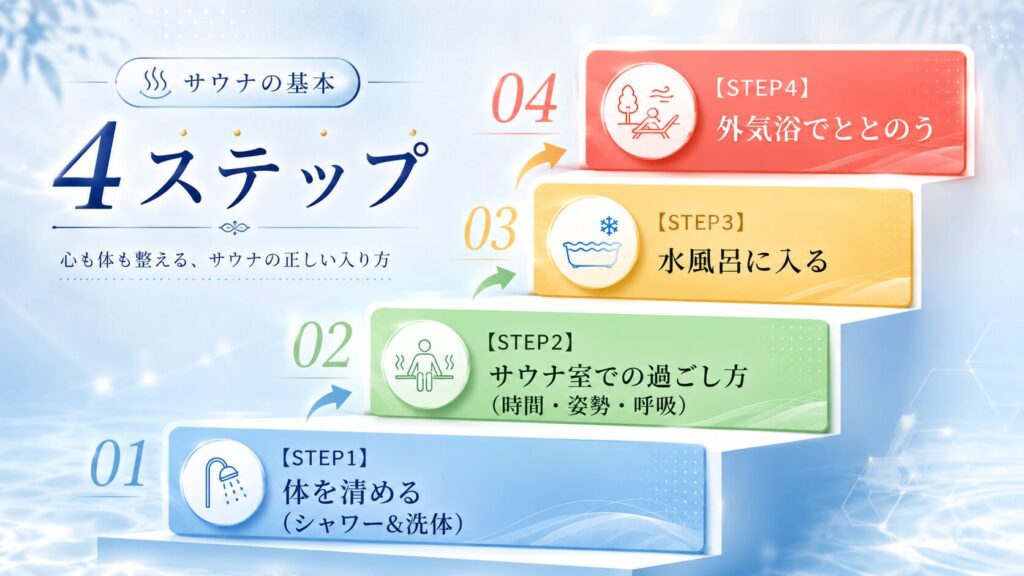 サウナの正しい入り方のステップイメージ